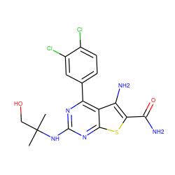 CC(C)(CO)Nc1nc(-c2ccc(Cl)c(Cl)c2)c2c(N)c(C(N)=O)sc2n1 ZINC000073220286