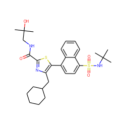 CC(C)(O)CNC(=O)c1nc(CC2CCCCC2)c(-c2ccc(S(=O)(=O)NC(C)(C)C)c3ccccc23)s1 ZINC000207168928