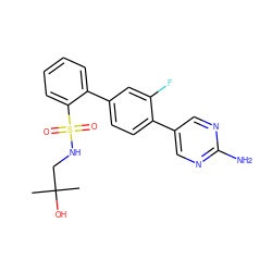 CC(C)(O)CNS(=O)(=O)c1ccccc1-c1ccc(-c2cnc(N)nc2)c(F)c1 ZINC000224751838