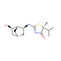 CC(C)[C@]1(C)SC(N[C@H]2C[C@H]3C[C@@H]2[C@H](O)C3)=NC1=O ZINC000084616372