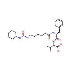 CC(C)[C@H](NC(=O)[C@H](Cc1ccccc1)NC(=O)CCCCCNC(=O)NC1CCCCC1)C(=O)O ZINC000036330754