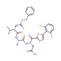 CC(C)[C@H](NC(=O)OCc1ccccc1)C(=O)N[C@@H](C)C(=O)N[C@@H](CC(=O)O)C(=O)c1ncc(-c2c(Cl)cccc2Cl)o1 ZINC000026997698