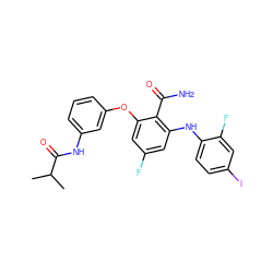 CC(C)C(=O)Nc1cccc(Oc2cc(F)cc(Nc3ccc(I)cc3F)c2C(N)=O)c1 ZINC000096905652