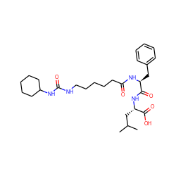 CC(C)C[C@H](NC(=O)[C@H](Cc1ccccc1)NC(=O)CCCCCNC(=O)NC1CCCCC1)C(=O)O ZINC000036330732