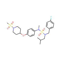 CC(C)CN(Cc1ccc(F)cc1)S(=O)(=O)N(C)c1ccc(OC2CCN(S(C)(=O)=O)CC2)cc1 ZINC000169710354