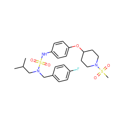 CC(C)CN(Cc1ccc(F)cc1)S(=O)(=O)Nc1ccc(OC2CCN(S(C)(=O)=O)CC2)cc1 ZINC000169710353