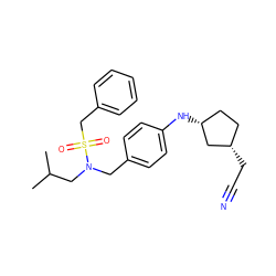 CC(C)CN(Cc1ccc(N[C@@H]2CC[C@H](CC#N)C2)cc1)S(=O)(=O)Cc1ccccc1 ZINC000147293856