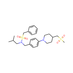 CC(C)CN(Cc1ccc(N2CCC(CS(C)(=O)=O)CC2)cc1)S(=O)(=O)Cc1ccccc1 ZINC000147278504