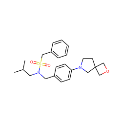 CC(C)CN(Cc1ccc(N2CCC3(COC3)C2)cc1)S(=O)(=O)Cc1ccccc1 ZINC000147267901