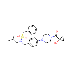 CC(C)CN(Cc1ccc(N2CCN(C(=O)C3(O)CC3)CC2)cc1)S(=O)(=O)Cc1ccccc1 ZINC000147266915