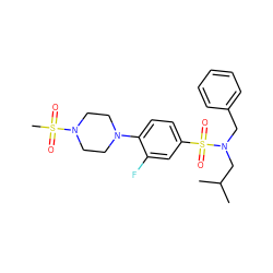 CC(C)CN(Cc1ccccc1)S(=O)(=O)c1ccc(N2CCN(S(C)(=O)=O)CC2)c(F)c1 ZINC000145459105