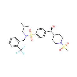 CC(C)CN(Cc1ccccc1C(F)(F)F)S(=O)(=O)c1ccc([C@@H](O)C2CCN(S(C)(=O)=O)CC2)cc1 ZINC000145555718