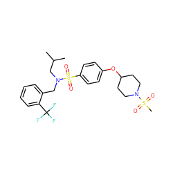CC(C)CN(Cc1ccccc1C(F)(F)F)S(=O)(=O)c1ccc(OC2CCN(S(C)(=O)=O)CC2)cc1 ZINC000145371305