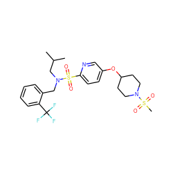 CC(C)CN(Cc1ccccc1C(F)(F)F)S(=O)(=O)c1ccc(OC2CCN(S(C)(=O)=O)CC2)cn1 ZINC000299827200