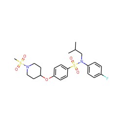 CC(C)CN(c1ccc(F)cc1)S(=O)(=O)c1ccc(OC2CCN(S(C)(=O)=O)CC2)cc1 ZINC000145523114