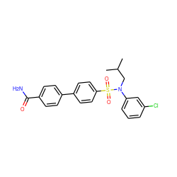 CC(C)CN(c1cccc(Cl)c1)S(=O)(=O)c1ccc(-c2ccc(C(N)=O)cc2)cc1 ZINC000145327079