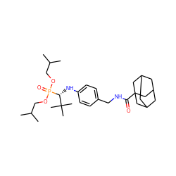 CC(C)COP(=O)(OCC(C)C)[C@H](Nc1ccc(CNC(=O)C23CC4CC(CC(C4)C2)C3)cc1)C(C)(C)C ZINC000198523301