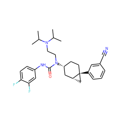 CC(C)N(CCN(C(=O)Nc1ccc(F)c(F)c1)[C@@H]1CC[C@]2(c3cccc(C#N)c3)C[C@@H]2C1)C(C)C ZINC000028649927
