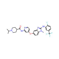 CC(C)N1CCC(C(=O)Nc2cc(Oc3ccc4c(c3)nc(Nc3cc(C(F)(F)F)ccc3F)n4C)ccn2)CC1 ZINC000138709022