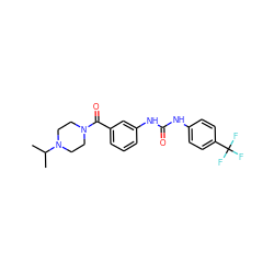 CC(C)N1CCN(C(=O)c2cccc(NC(=O)Nc3ccc(C(F)(F)F)cc3)c2)CC1 ZINC000049089013
