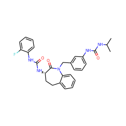 CC(C)NC(=O)Nc1cccc(CN2C(=O)[C@@H](NC(=O)Nc3ccccc3F)CCc3ccccc32)c1 ZINC000001488943