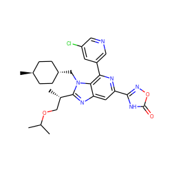 CC(C)OC[C@H](C)c1nc2cc(-c3noc(=O)[nH]3)nc(-c3cncc(Cl)c3)c2n1C[C@H]1CC[C@H](C)CC1 ZINC000261084087
