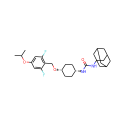 CC(C)Oc1cc(F)c(CO[C@H]2CC[C@@H](NC(=O)NC34CC5CC(CC(C5)C3)C4)CC2)c(F)c1 ZINC000101109690