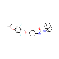 CC(C)Oc1cc(F)c(CO[C@H]2CC[C@H](NC(=O)NC34CC5CC(CC(C5)C3)C4)CC2)c(F)c1 ZINC000101140234