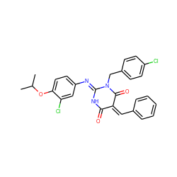 CC(C)Oc1ccc(N=C2NC(=O)/C(=C/c3ccccc3)C(=O)N2Cc2ccc(Cl)cc2)cc1Cl ZINC001772589300