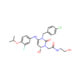 CC(C)Oc1ccc(NC2=C[C@@H](O)N(CC(=O)NCCO)C(=O)N2Cc2ccc(Cl)cc2)cc1F ZINC001772634298