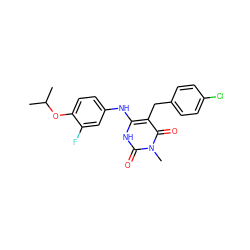 CC(C)Oc1ccc(Nc2[nH]c(=O)n(C)c(=O)c2Cc2ccc(Cl)cc2)cc1F ZINC000204095917