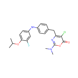 CC(C)Oc1ccc(Nc2ccc(Cc3nc(N(C)C)oc(=O)c3Cl)cc2)cc1F ZINC000221181071