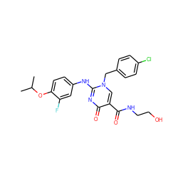 CC(C)Oc1ccc(Nc2nc(=O)c(C(=O)NCCO)cn2Cc2ccc(Cl)cc2)cc1F ZINC000204095981