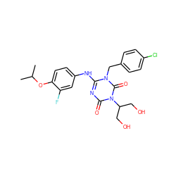 CC(C)Oc1ccc(Nc2nc(=O)n(C(CO)CO)c(=O)n2Cc2ccc(Cl)cc2)cc1F ZINC000200519811