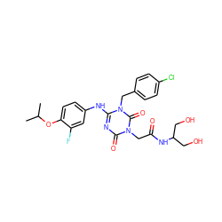 CC(C)Oc1ccc(Nc2nc(=O)n(CC(=O)NC(CO)CO)c(=O)n2Cc2ccc(Cl)cc2)cc1F ZINC000204749488