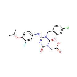 CC(C)Oc1ccc(Nc2nc(=O)n(CC(=O)O)c(=O)n2Cc2ccc(Cl)cc2)cc1F ZINC000145555809