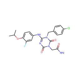 CC(C)Oc1ccc(Nc2nc(=O)n(CC(N)=O)c(=O)n2Cc2ccc(Cl)cc2)cc1F ZINC000200510095