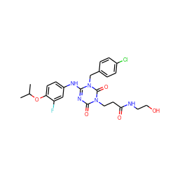 CC(C)Oc1ccc(Nc2nc(=O)n(CCC(=O)NCCO)c(=O)n2Cc2ccc(Cl)cc2)cc1F ZINC000200511933