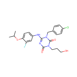 CC(C)Oc1ccc(Nc2nc(=O)n(CCCO)c(=O)n2Cc2ccc(Cl)cc2)cc1F ZINC000200510739