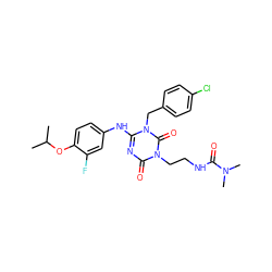 CC(C)Oc1ccc(Nc2nc(=O)n(CCNC(=O)N(C)C)c(=O)n2Cc2ccc(Cl)cc2)cc1F ZINC000204749642