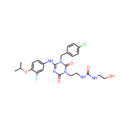 CC(C)Oc1ccc(Nc2nc(=O)n(CCNC(=O)NCCO)c(=O)n2Cc2ccc(Cl)cc2)cc1F ZINC000204751801