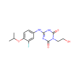 CC(C)Oc1ccc(Nc2nc(=O)n(CCO)c(=O)[nH]2)cc1F ZINC000200524731