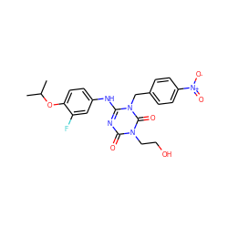 CC(C)Oc1ccc(Nc2nc(=O)n(CCO)c(=O)n2Cc2ccc([N+](=O)[O-])cc2)cc1F ZINC000200516098