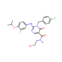 CC(C)Oc1ccc(Nc2ncc(C(=O)N(C)CCO)c(=O)n2Cc2ccc(Cl)cc2)cc1F ZINC000204095871