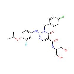 CC(C)Oc1ccc(Nc2ncc(C(=O)NC(CO)CO)c(=O)n2Cc2ccc(Cl)cc2)cc1F ZINC000204091345