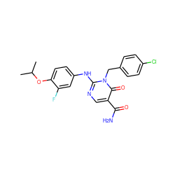 CC(C)Oc1ccc(Nc2ncc(C(N)=O)c(=O)n2Cc2ccc(Cl)cc2)cc1F ZINC001772634955