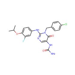 CC(C)Oc1ccc(Nc2ncc(NC(N)=O)c(=O)n2Cc2ccc(Cl)cc2)cc1F ZINC000204098447
