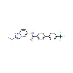CC(C)c1cn2cc(NC(=O)c3ccc(-c4ccc(C(F)(F)F)cc4)cc3)ccc2n1 ZINC000038239603