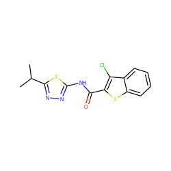 CC(C)c1nnc(NC(=O)c2sc3ccccc3c2Cl)s1 ZINC000000464893