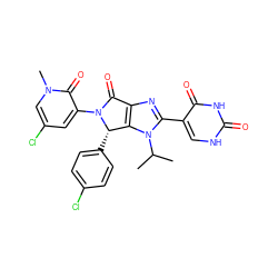 CC(C)n1c(-c2c[nH]c(=O)[nH]c2=O)nc2c1[C@H](c1ccc(Cl)cc1)N(c1cc(Cl)cn(C)c1=O)C2=O ZINC000261094276